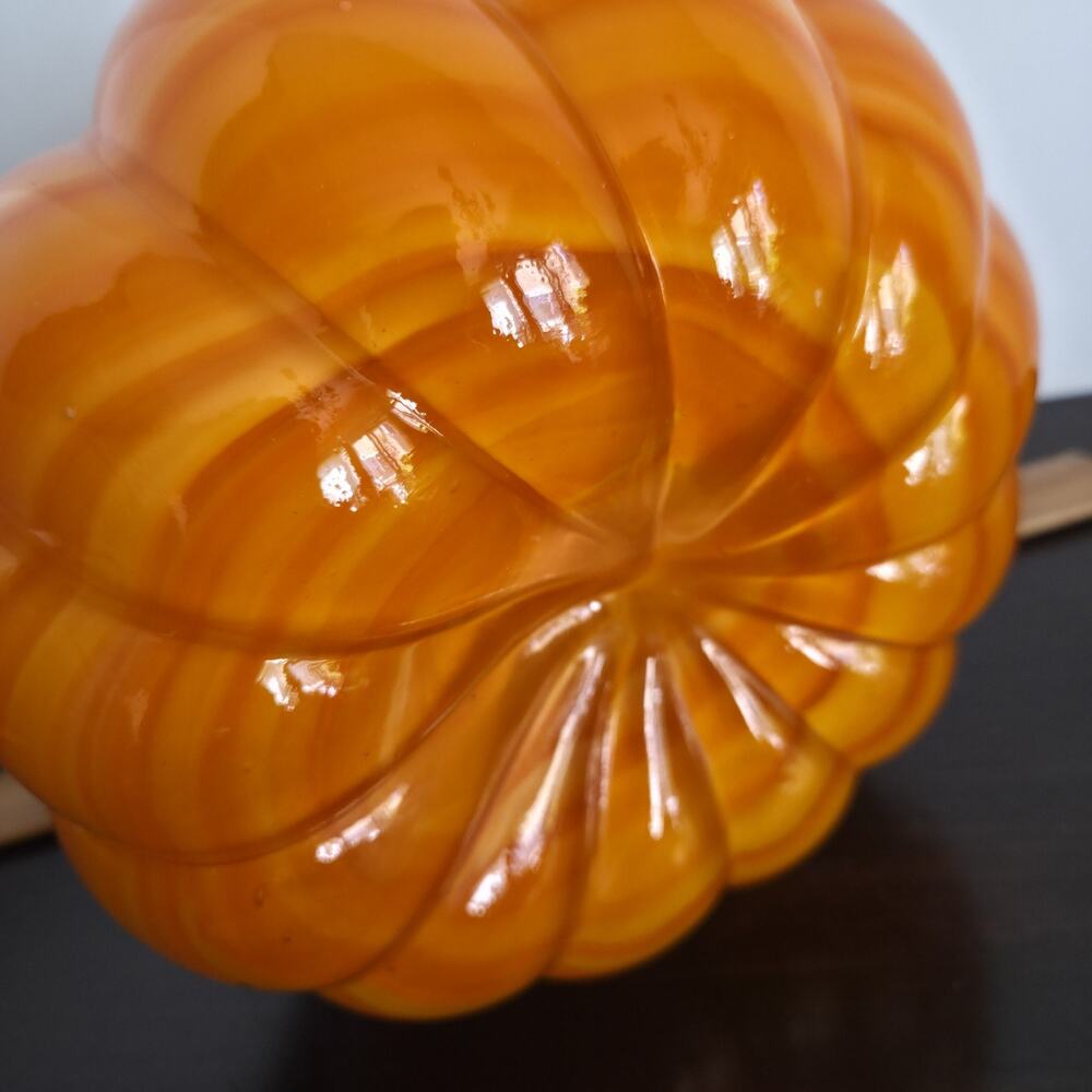Hand Blown Art Glass Pumpkin Measures 7" High By 8" Wide Orange Green Curly Stem - Picture 3 of 7
